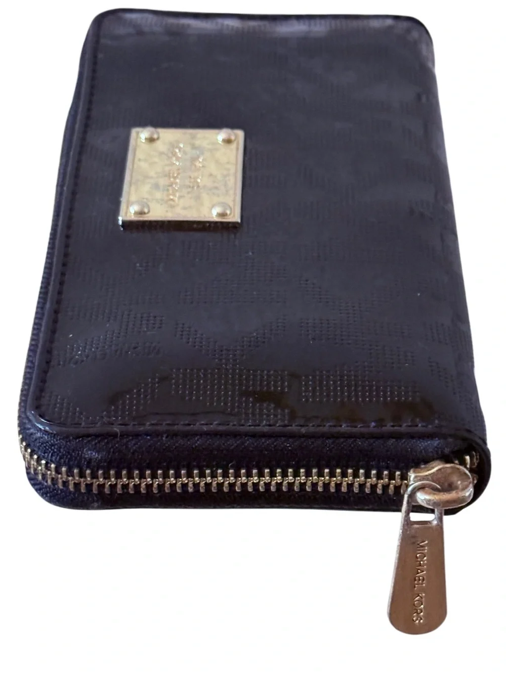 Michael Kors Black Patent Embossed Logo Zip Around Accordion Wallet Gold Tone